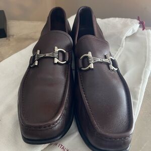 Salvatore Ferragamo Brown Leather Loafers with Silver Accents